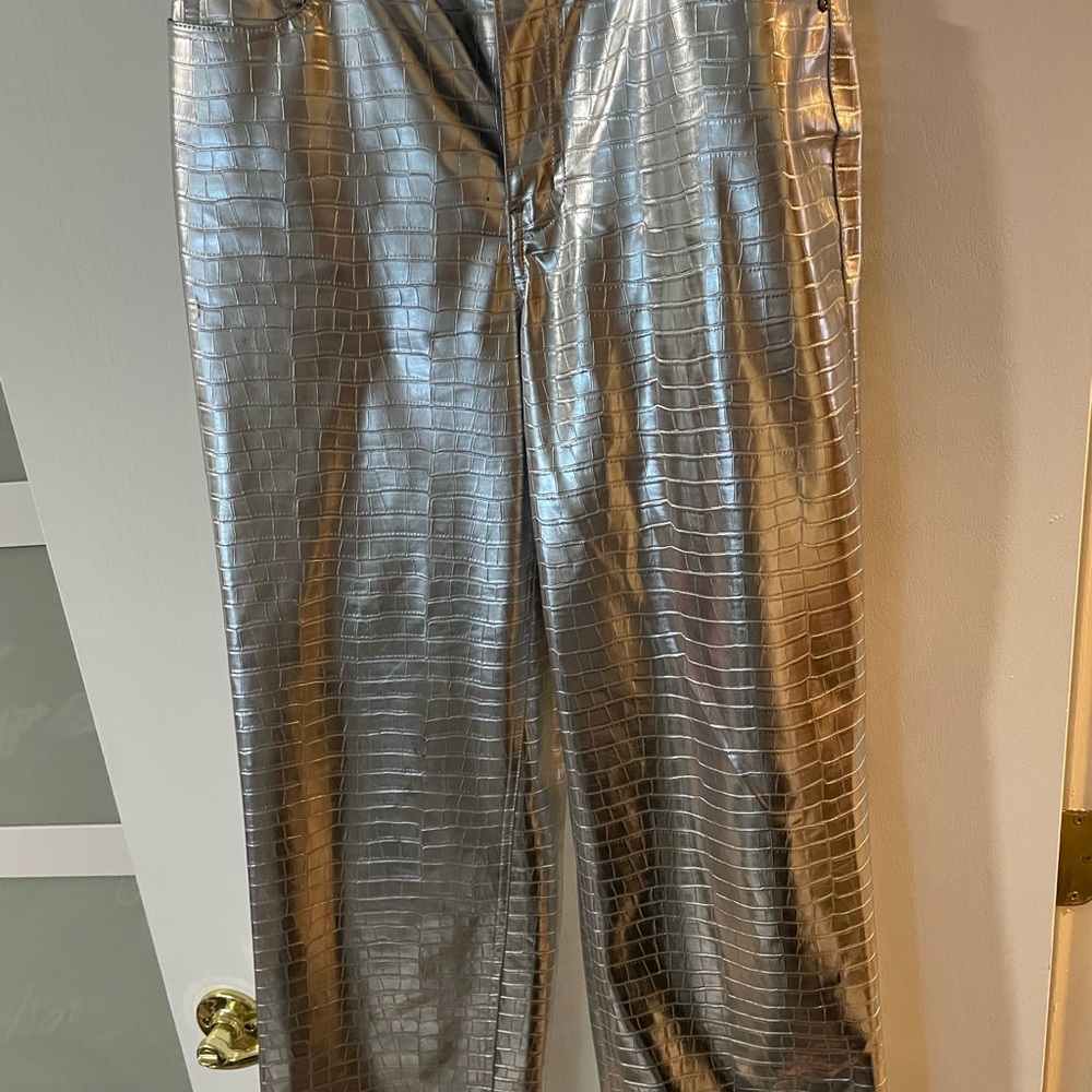 AFRM Metallic Silver Croc-Embossed Pants